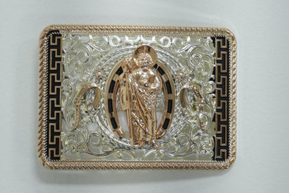 SILVER, BLACK AND GOLDEN SQUARE SAN JUDAS BUCKLE