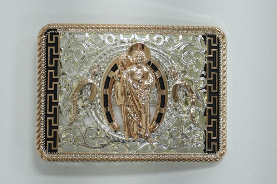 SILVER, BLACK AND GOLDEN SQUARE SAN JUDAS BUCKLE