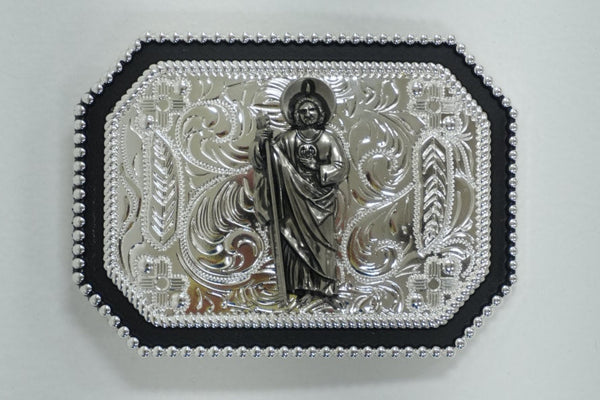 HEBILLA CUADRADA DE SAN JUDAS PLATA Y NEGRO