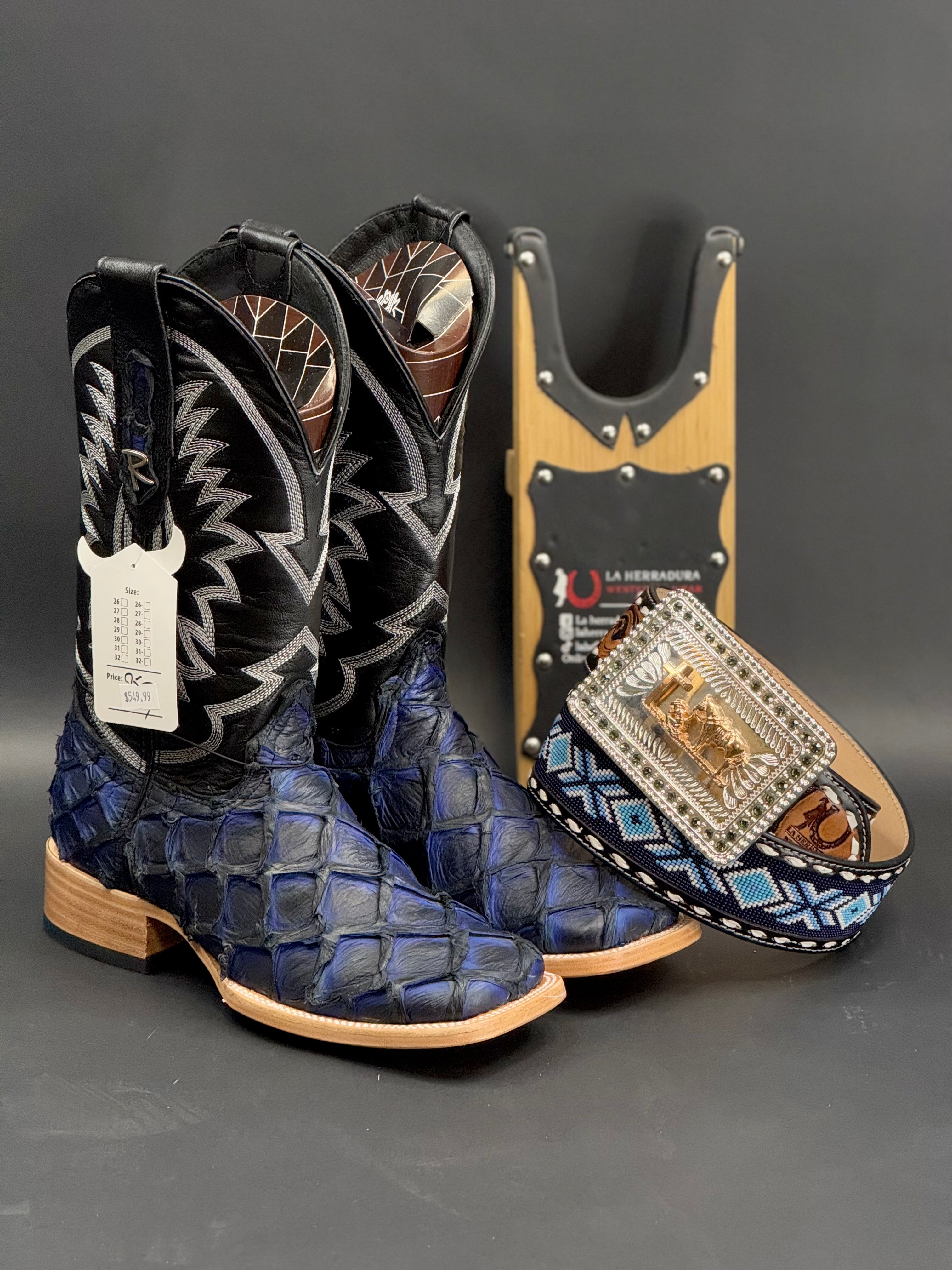 HERRADURA EXOTIC CAMEL BLACK ELECTRIC BLUE SOLAR FISH BOOTS