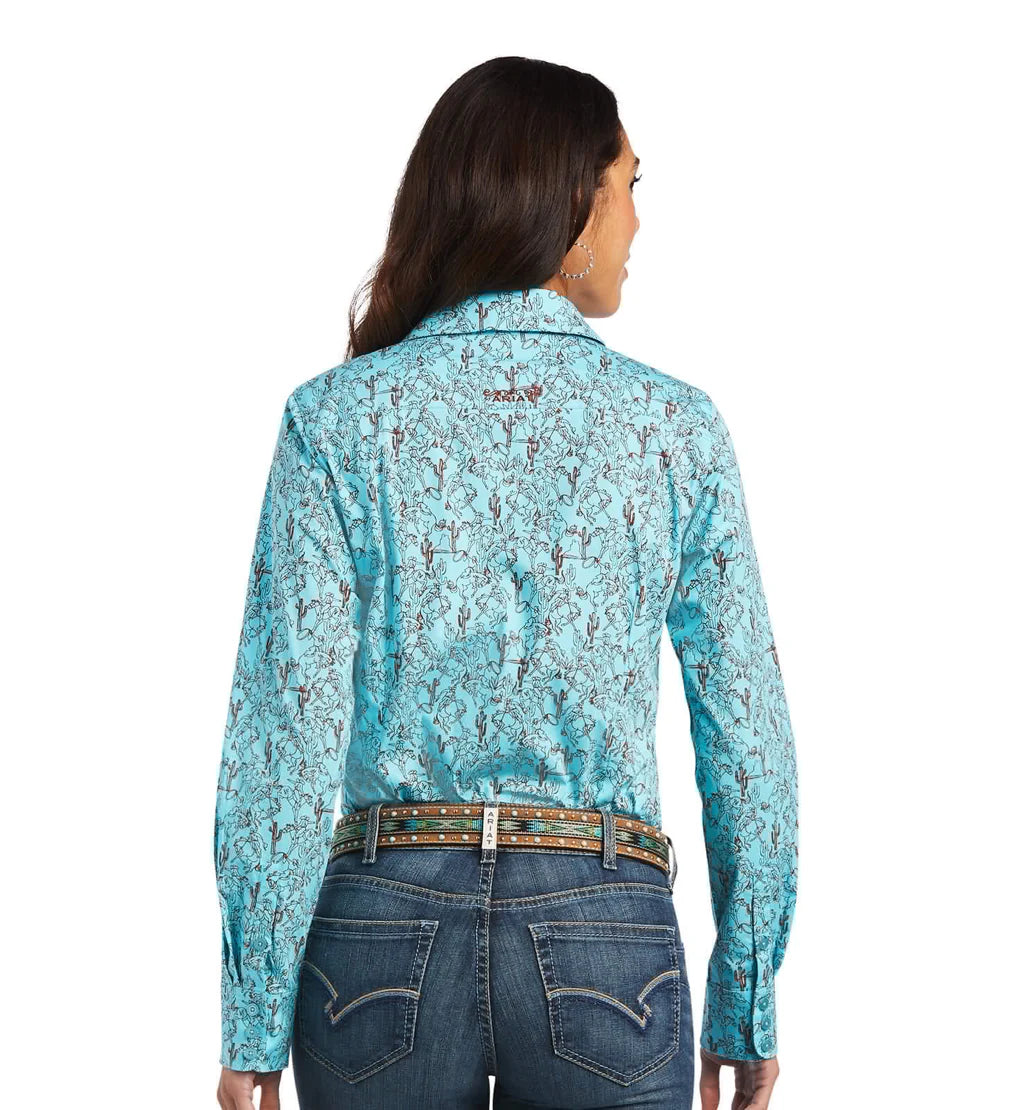 ARIAT WOMENS AMAZONITE BUCKING BRONC PRINT LS SHIRT - 10040582