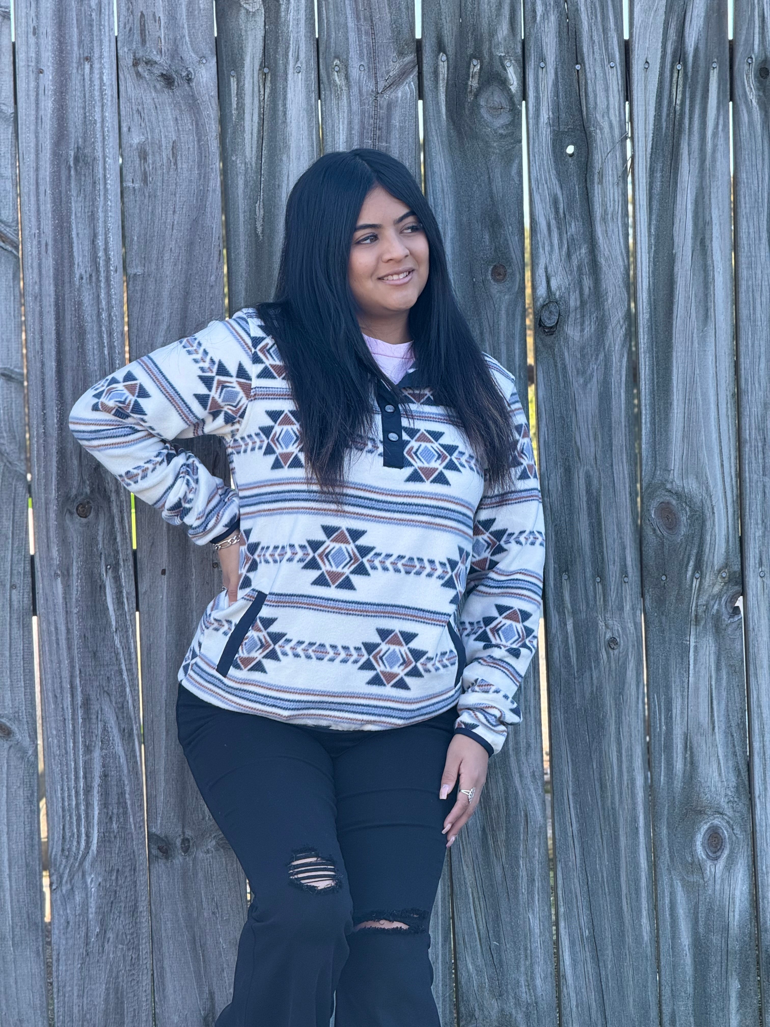 Cinch Womens Pullover Navy/Brown White & Aztec Pattern