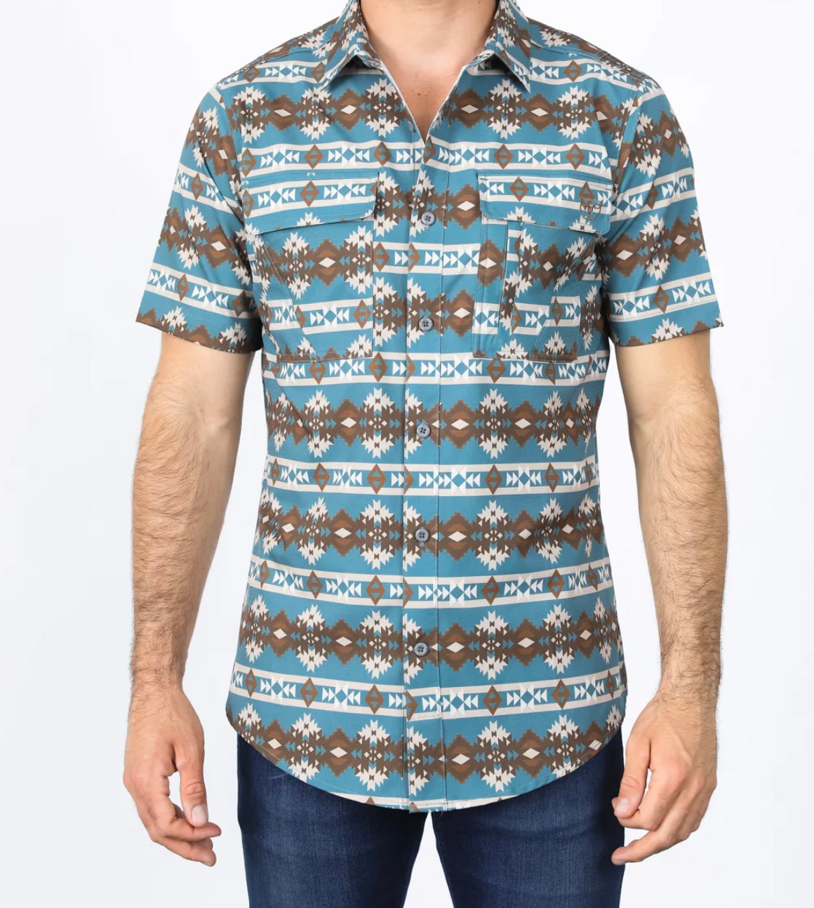 Platini Mens Performance Classic Fit Western Short Sleeve Aztec Print Teal Shirt