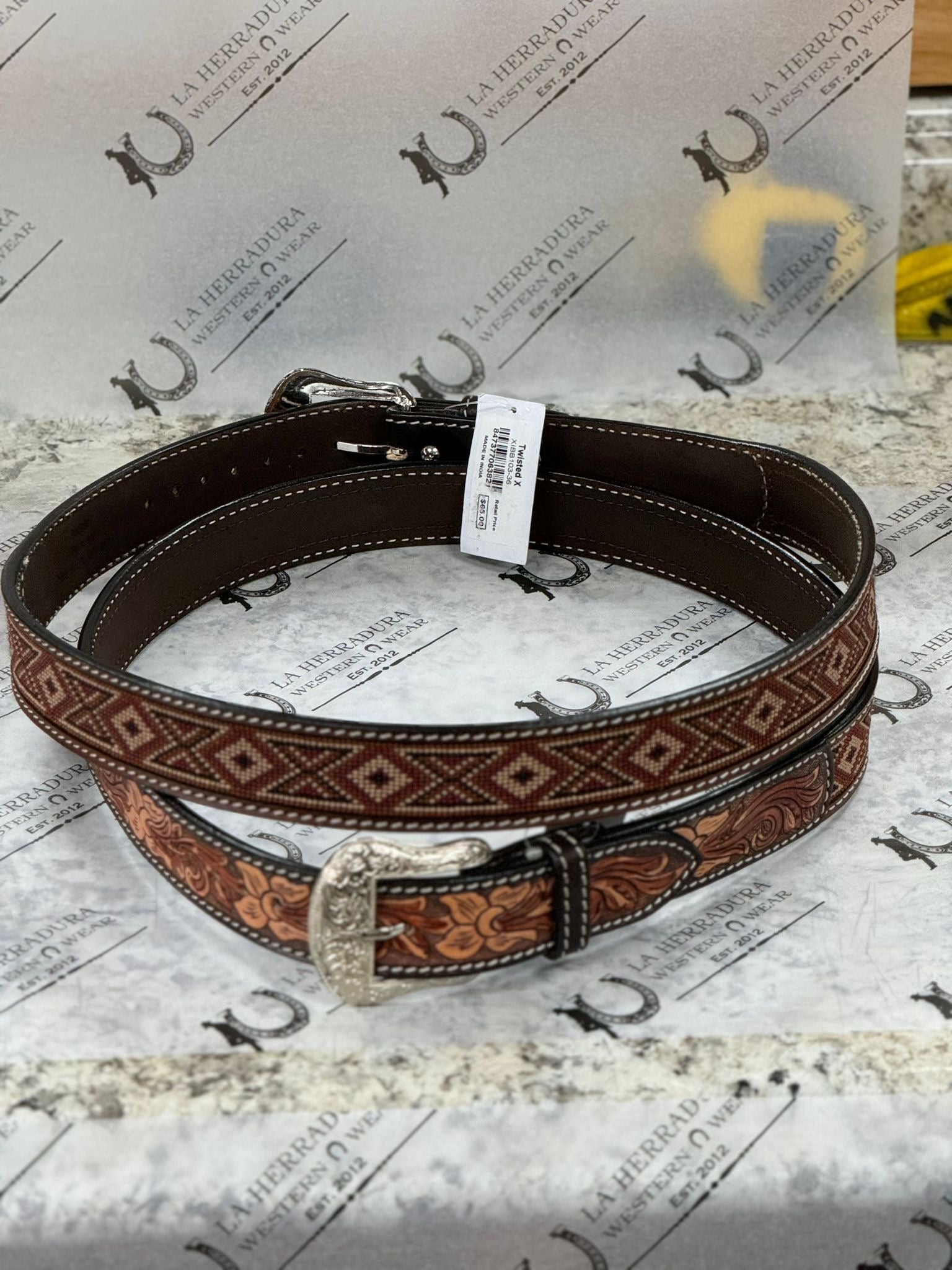 TWISTED X HAND TOOLED BROWN BEADED BELT