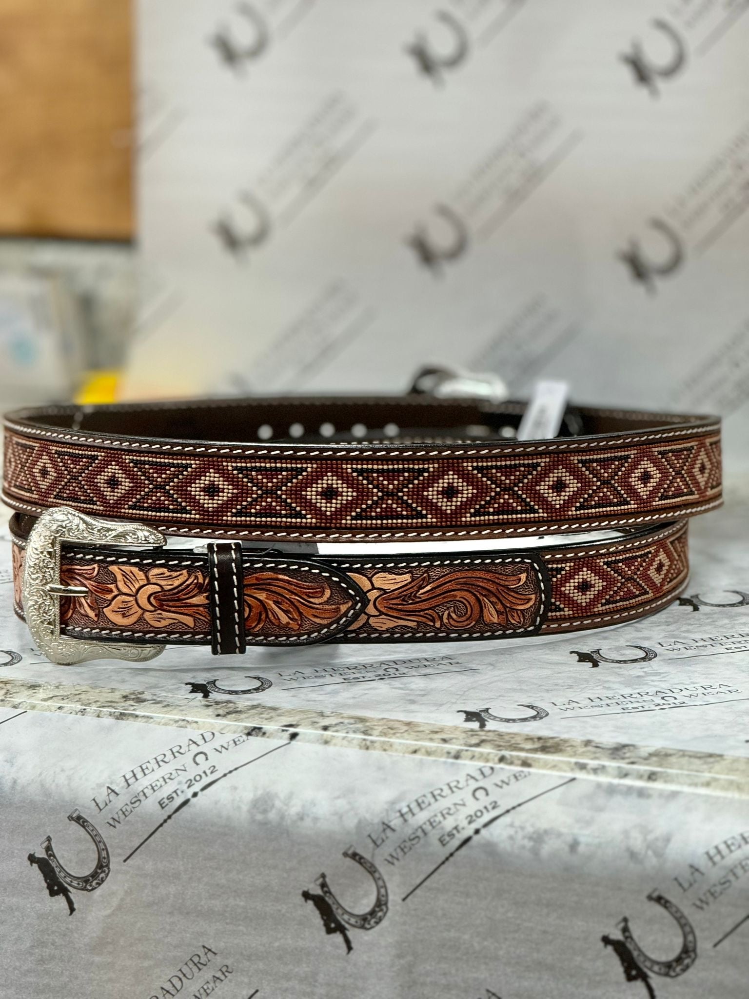 TWISTED X HAND TOOLED BROWN BEADED BELT