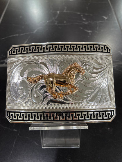 RECTANGLE SILVER BUCKLE WITH GOLD RUNNING HORSE BLACK TRIM