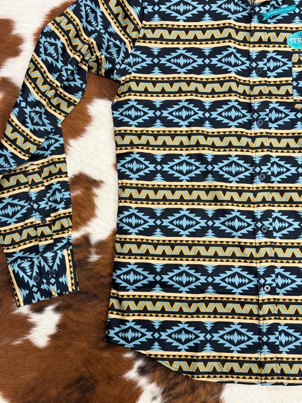 PLATINI BLACK TEAL AZTEC PRINT LONG SLEEVE