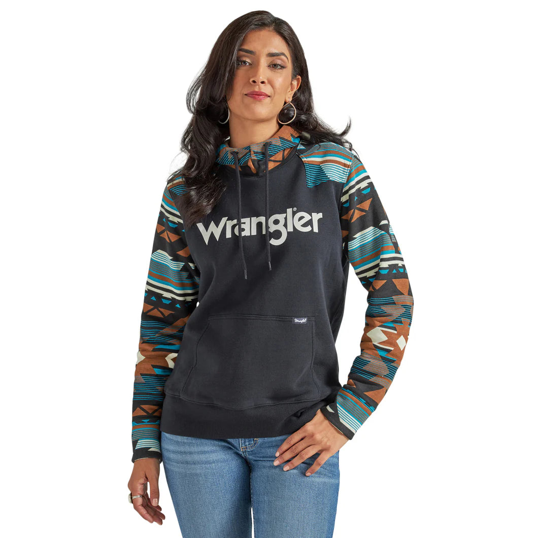 WRANGLER WOMEN BLACK HOODIE W/ TEAL AZTEC SLEEVE