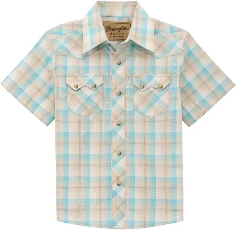 WRANGLER KIDS SKY BLUE/ BEIGE BUTTON UP SHORT SLEEVE SHIRT- 112378921