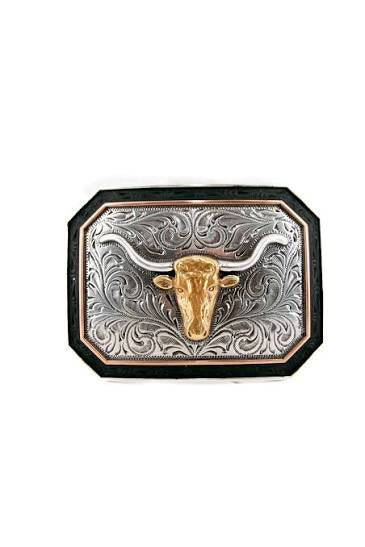 HEBILLA RECTANGULAR ARIAT DE PLATA CON GRABADO DE CUERNOS LARGOS PARA HOMBRE