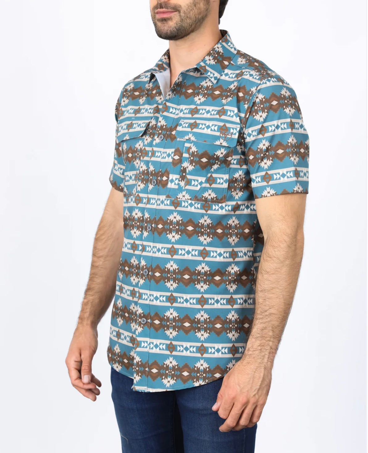 Platini Mens Performance Classic Fit Western Short Sleeve Aztec Print Teal Shirt