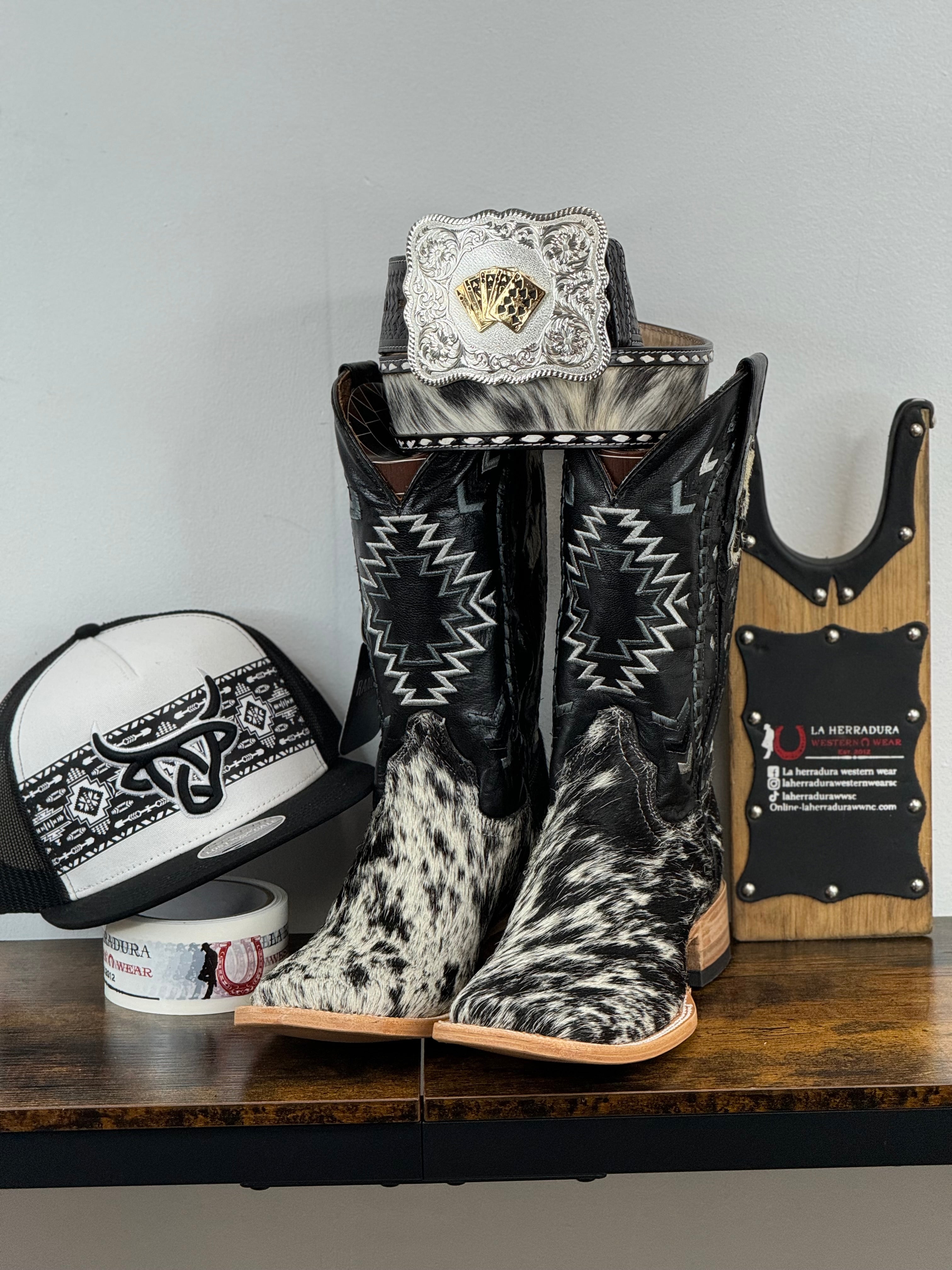 RANCHERS MEN COWHIDE BLACK&WHITE NG BLACK CHEROKEE BOOT EVERY PAIR IS UNIQUE!