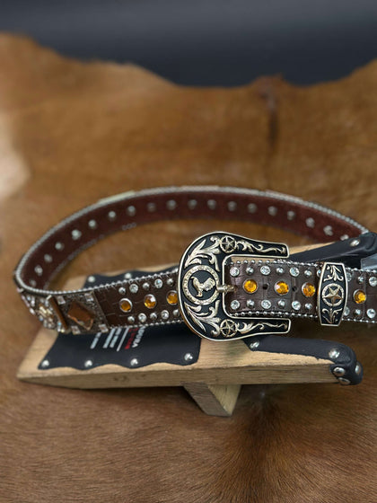 BROWN EXOTIC CLEAR BLING UNISEX BELT ROSE/ BLACK BUCKLE