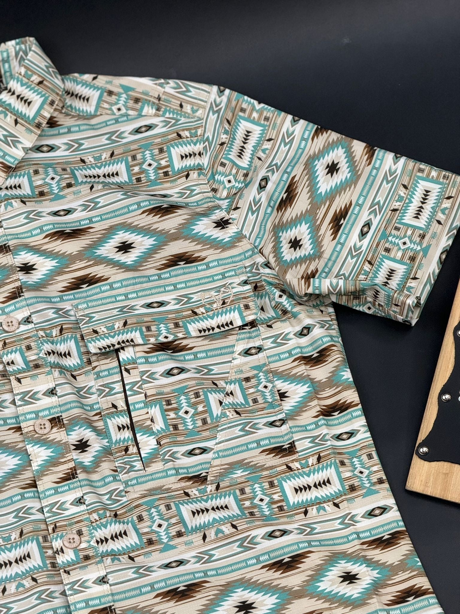 PLATINI BEIGE TEAL AZTEC SHORT SLEEVE SHIRT