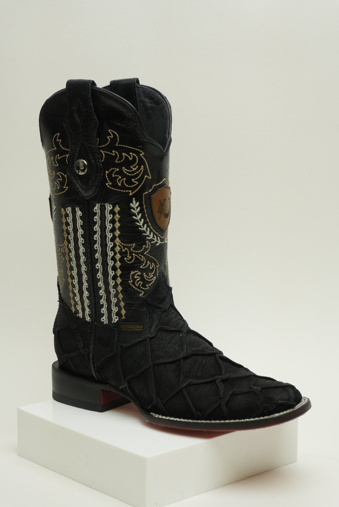 LA HERRADURA MENS DANIEL PIRARUCU DOBLILLADO GAM NEGRO RED BOTTOM SQUARE TOE BOOT