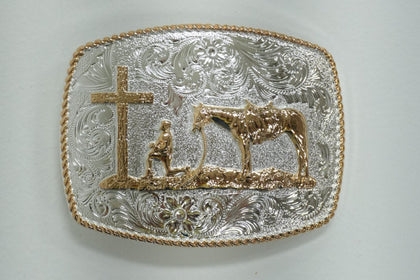 GOLD AND SILVER PRAYING COWBOY LARGE SQUARE BUCKLE