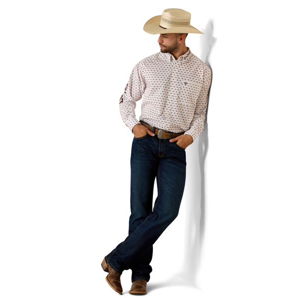 ARIAT MENS TEAM DALLAS LS SHRT WHITE MULTI GEO PRINT/BLACK 10073629