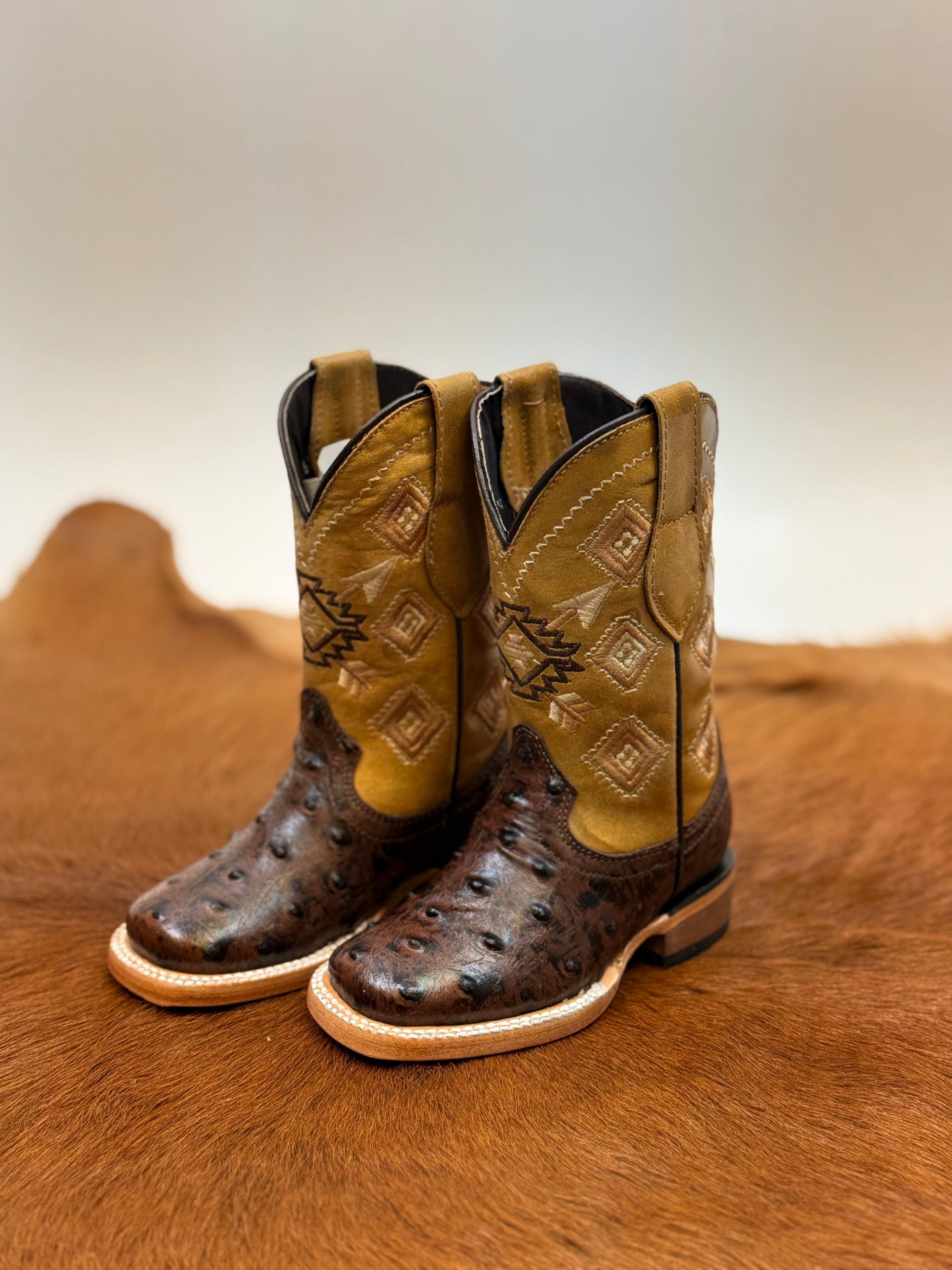 ROCKEM KIDS BROWN TUBE YELLOW PRO-RODEO OSTRICH SQ. TOE