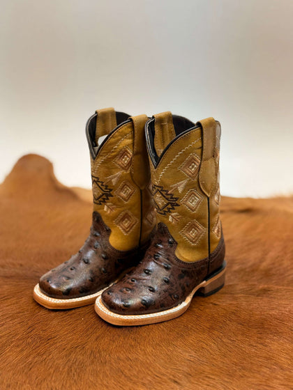 ROCKEM KIDS BROWN TUBE YELLOW PRO-RODEO OSTRICH SQ. TOE