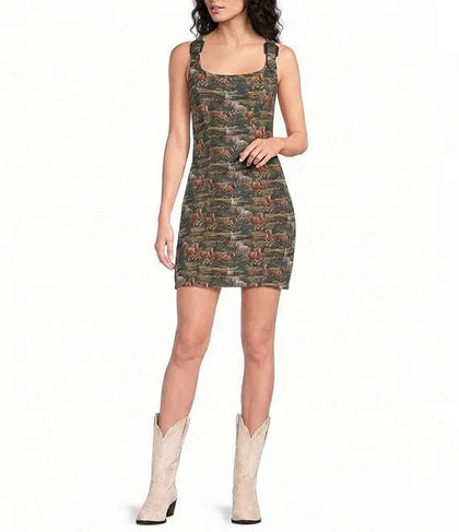 ROCK & ROLL WOMEN'S MOSS GREEN HORSE TAPESTRY DRESS - BWD0R08815