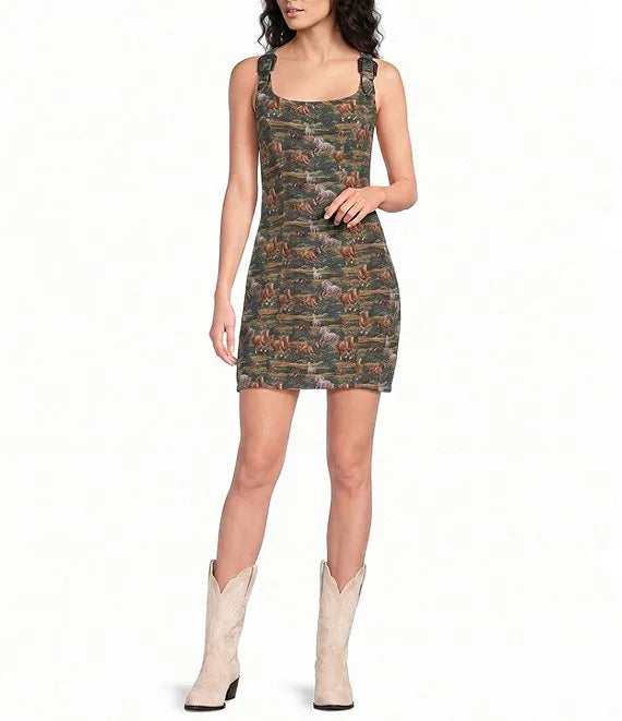 ROCK & ROLL WOMEN'S MOSS GREEN HORSE TAPESTRY DRESS - BWD0R08815