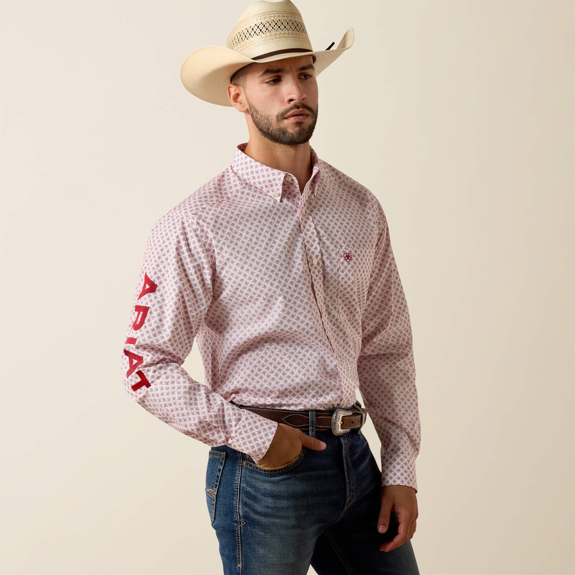 ARIAT MENS TEAM DONOVAN FTD LS SHRT WHITE MULTIFEATHER PRINT/RED 10073631
