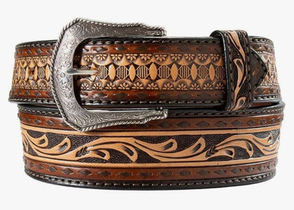 Cinturón Occidental de Hombre con Grabado Floral de Cuero Marrón D100020302