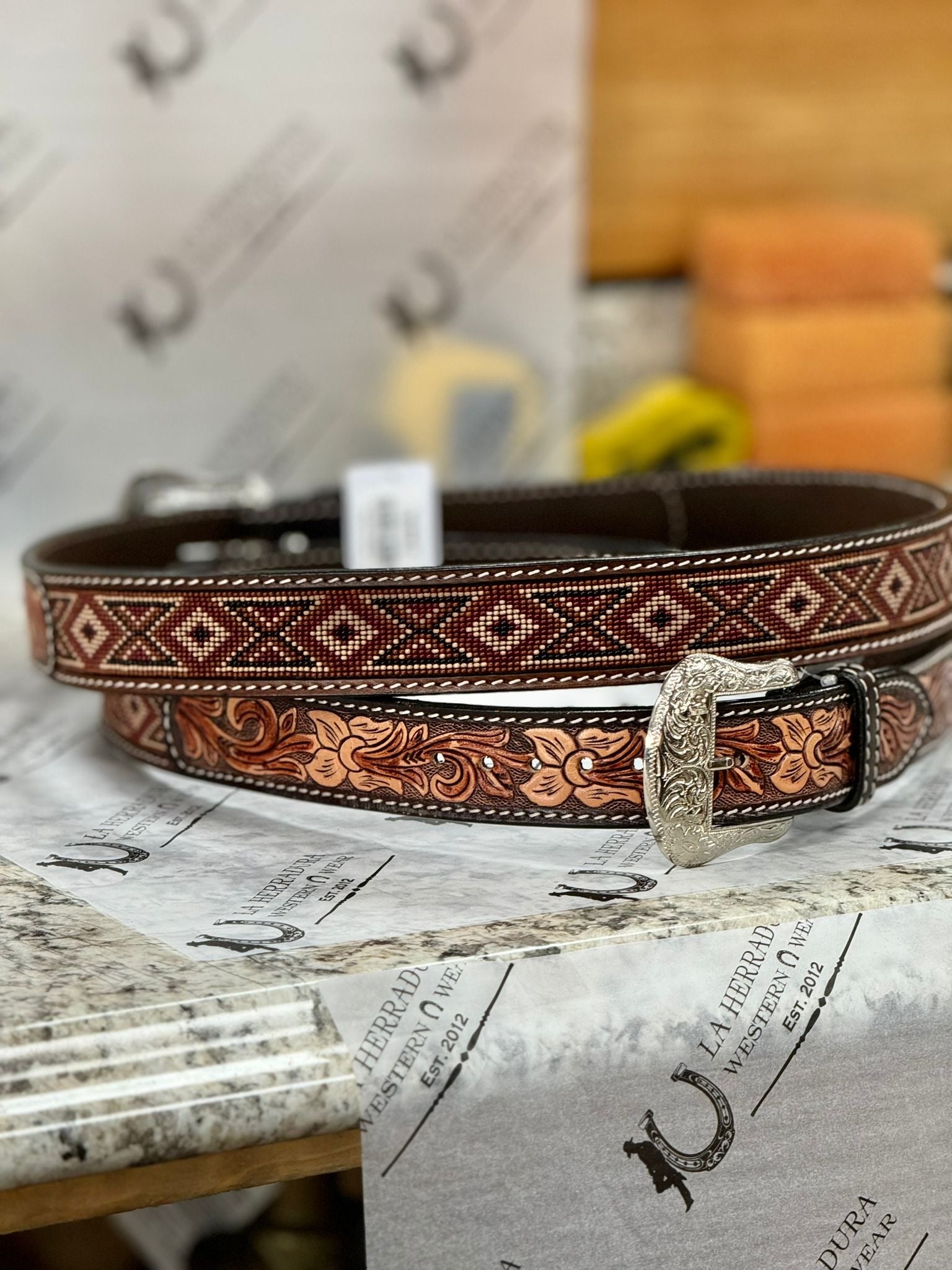 TWISTED X HAND TOOLED BROWN BEADED BELT