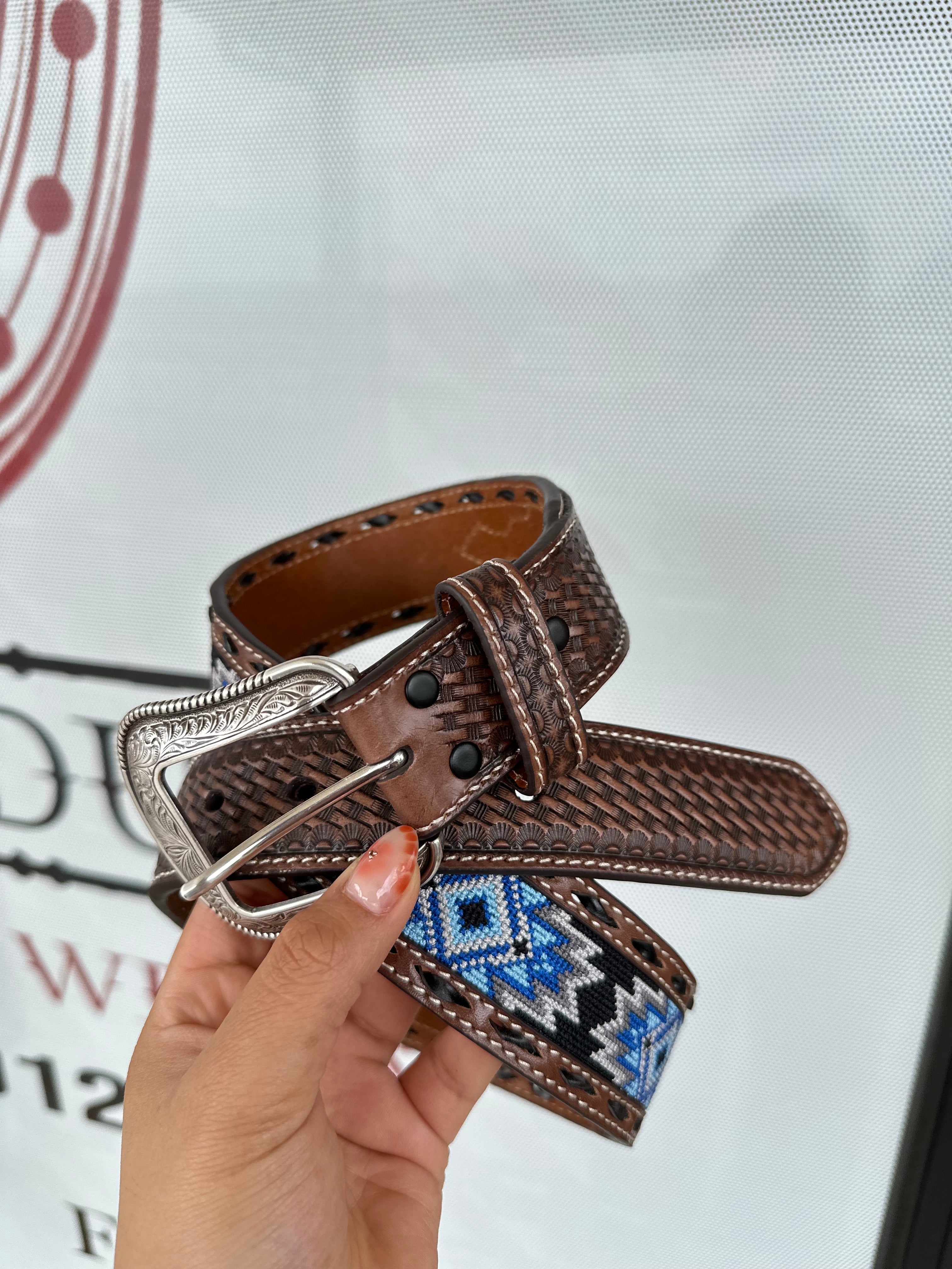 3D THREAD BLUE GREY DARK BROWN BELT