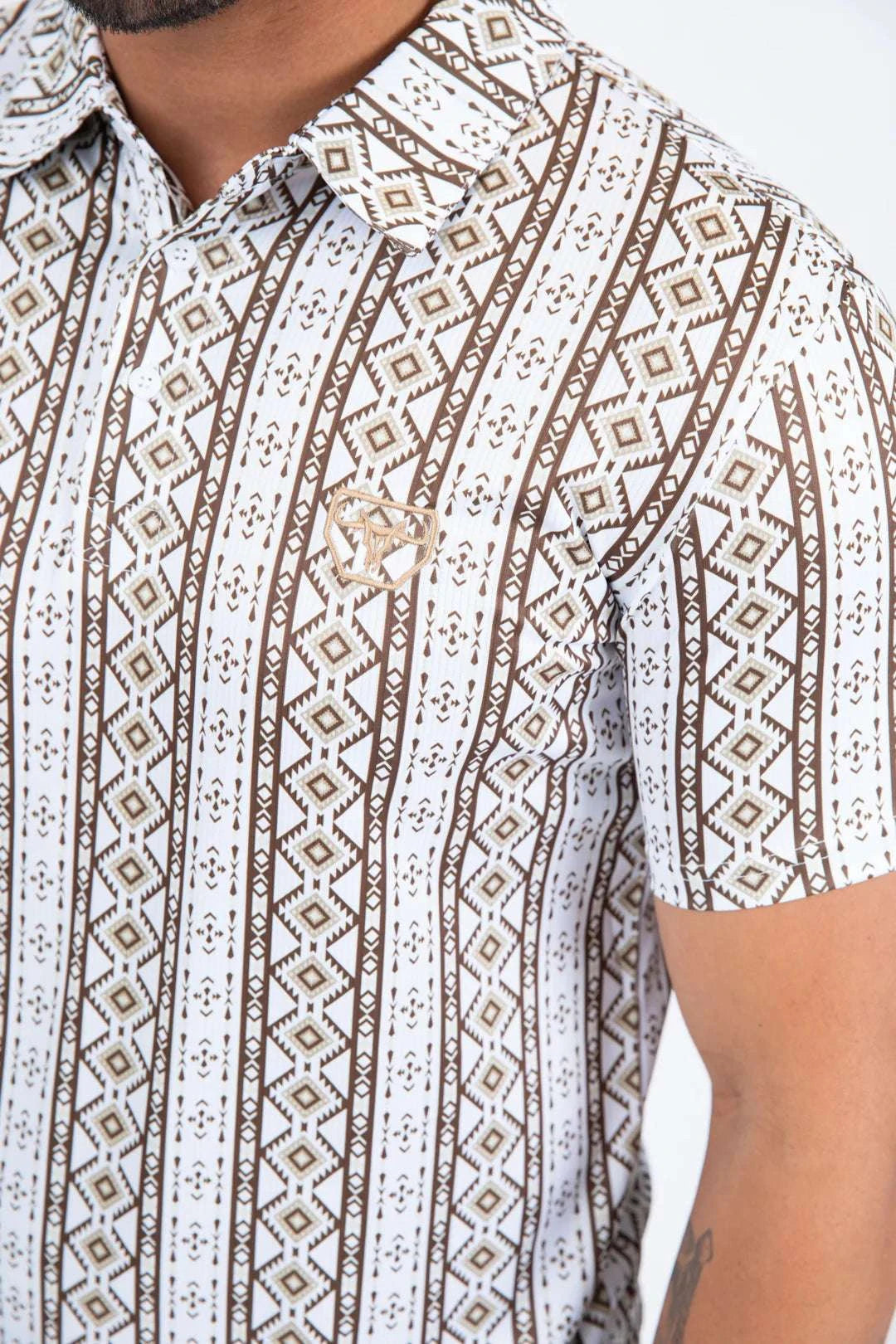 PLATINI MENS PERFORMANCE FABRIC MODERN FIT STRETCH AZTEC PRINT POLO WHITE  PGP11440