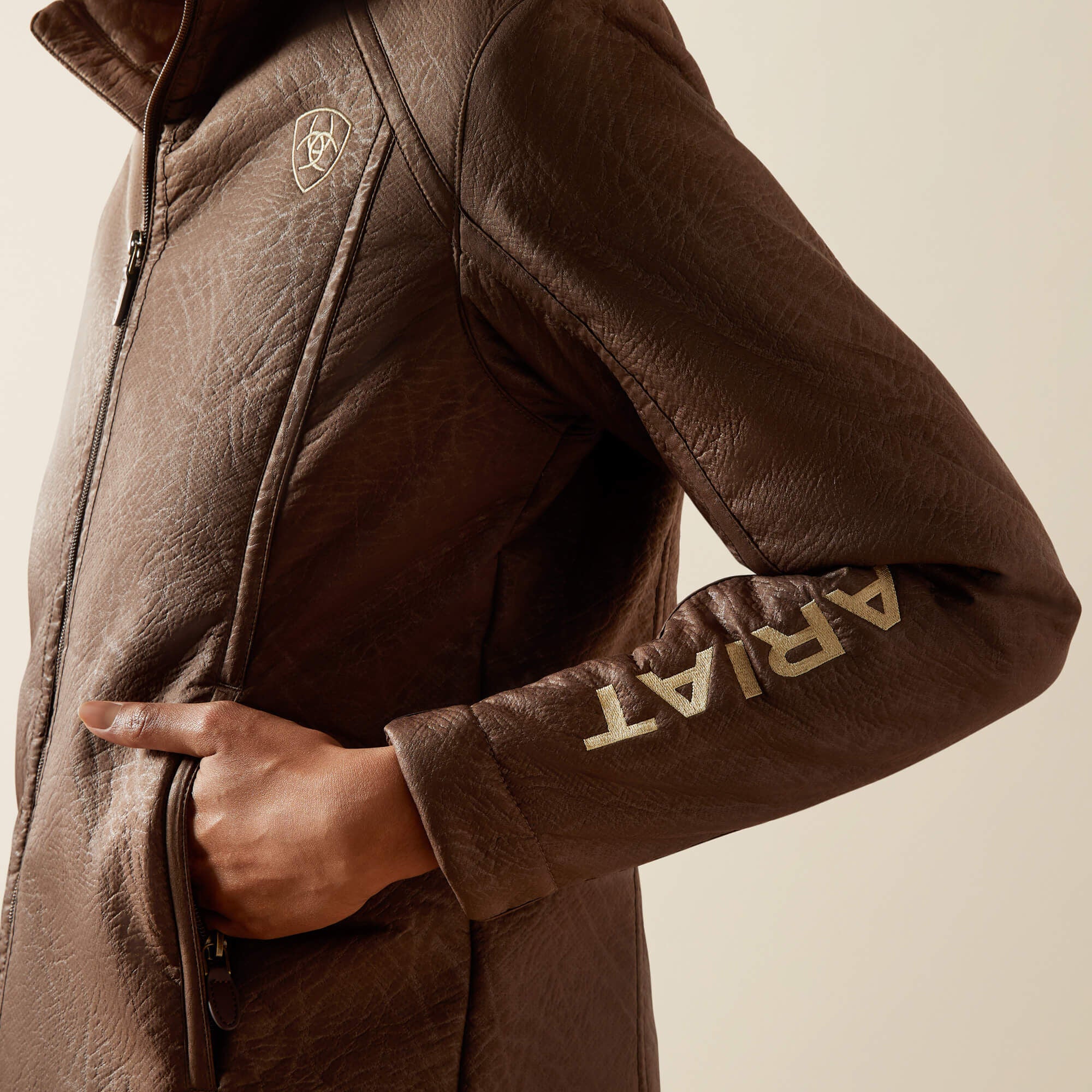 ARIAT WOMENS LOGO SOFTSHELL FAUX LEATHER  BROWN FAUX LEATHER JAKET 10062795