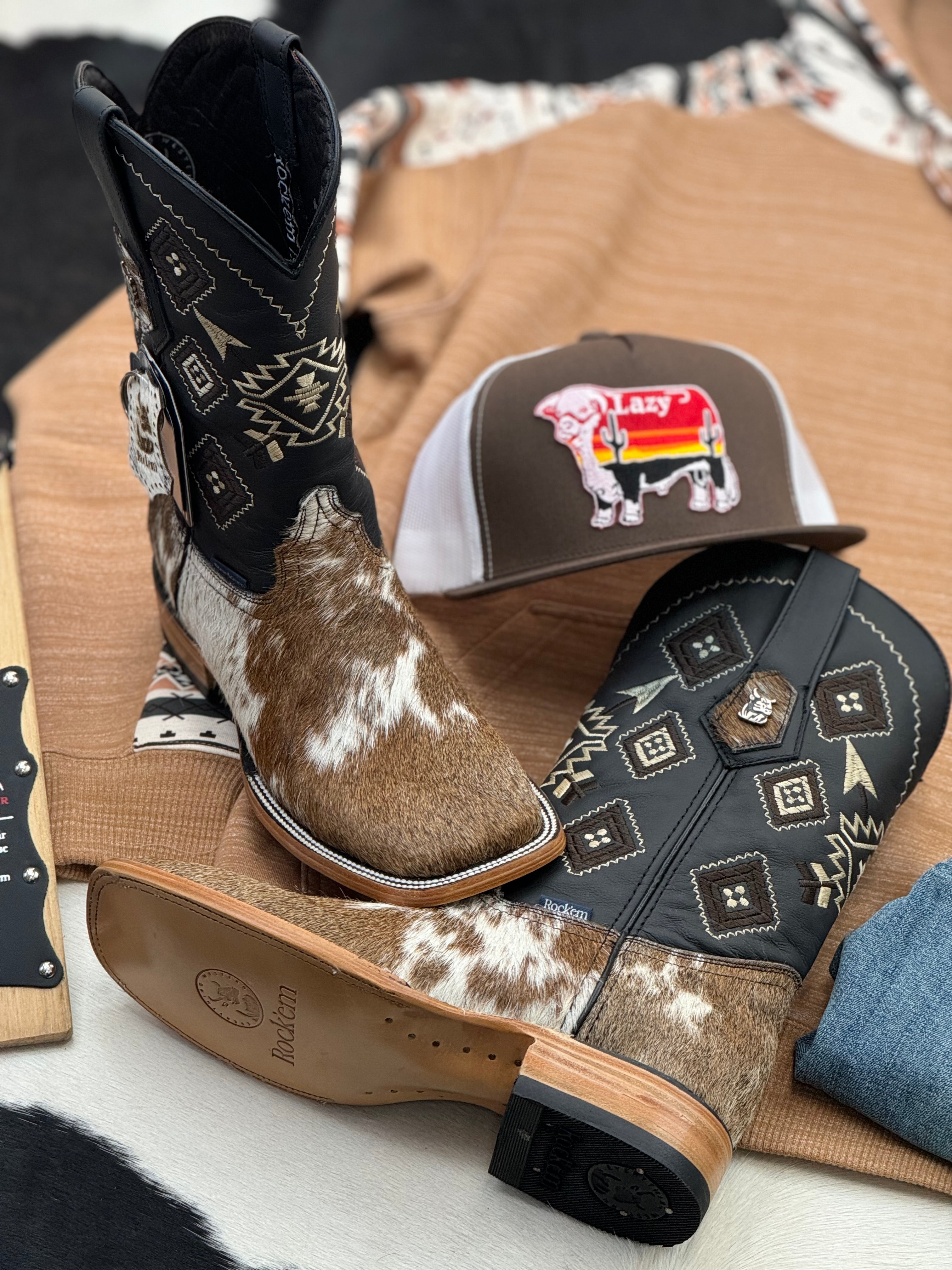 MENS ROCK'EM WHITE & BROWN COW HIDE (EVERY PAIR IS UNIQUE)