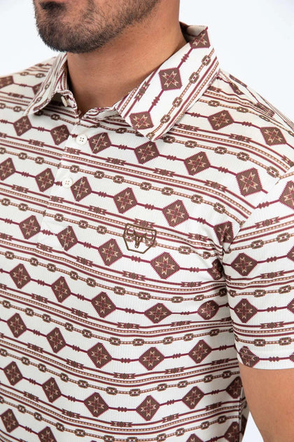 PLATINI MENS PERFORMANCE FABRIC MODERN FIT STRETCH AZTEC PRINT POLO BEIGE  PGP11433