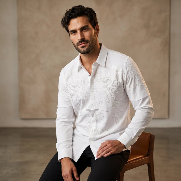 BAROCCO WHITE & SILVER LION LONG SLEEVE SHIRT - B316