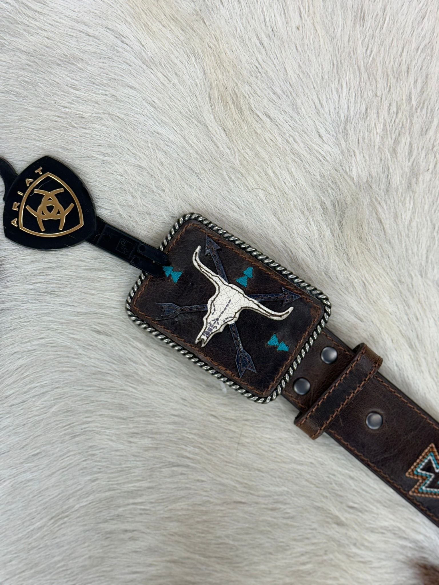 ARIAT BELT DARK BROWN AZTEC TURQUOISE LONGHORN BUCKLE