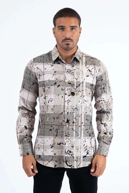 PLATINI MENS - BEIGE MODERN FIT STRETCH FOIL FASHION SHIRT FPL11484