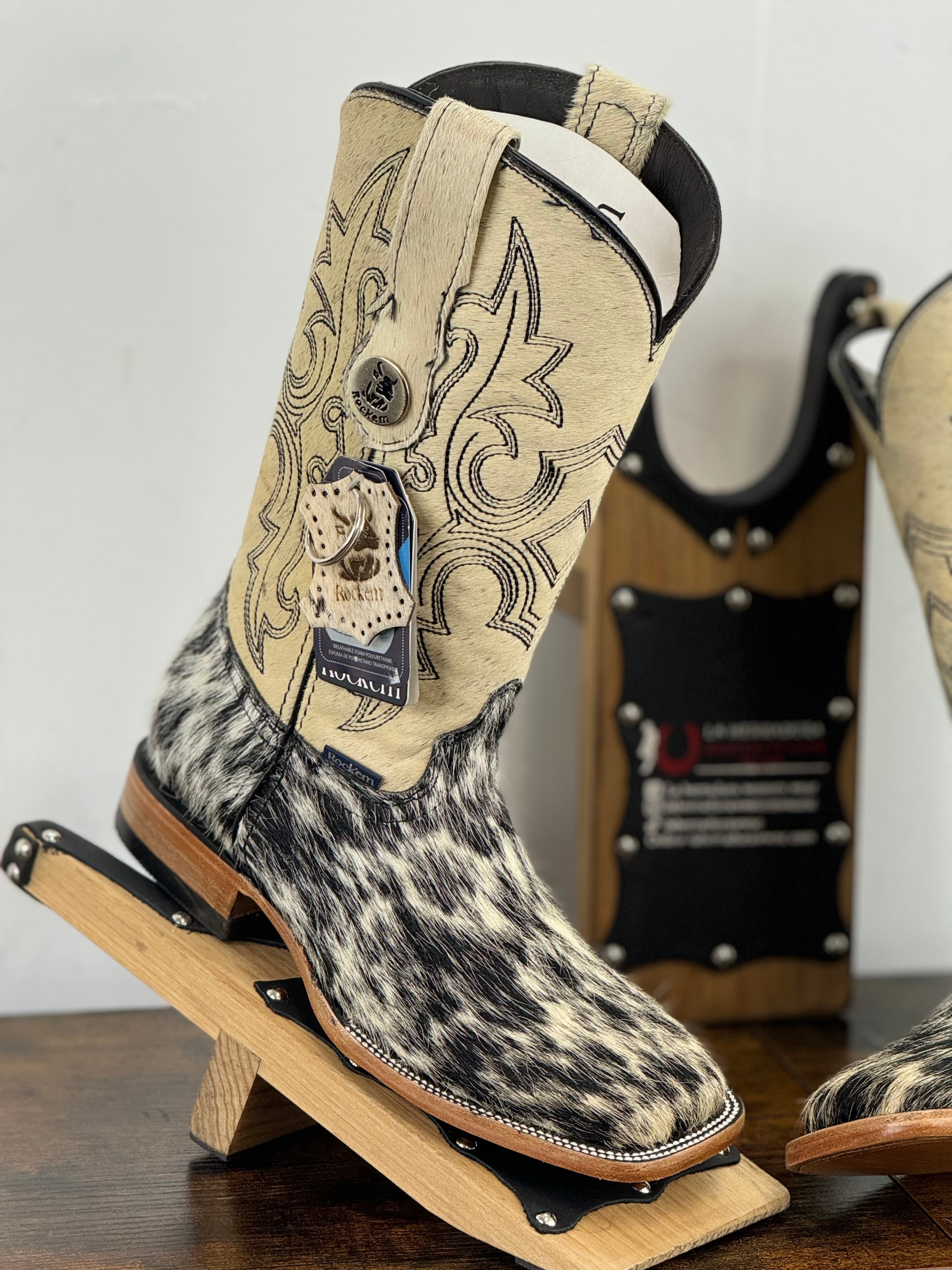 WOMENS KATHERINE BLACK & WHITE COWHIDE TOP BOOT (EVERY PAIR IS UNIQUE)