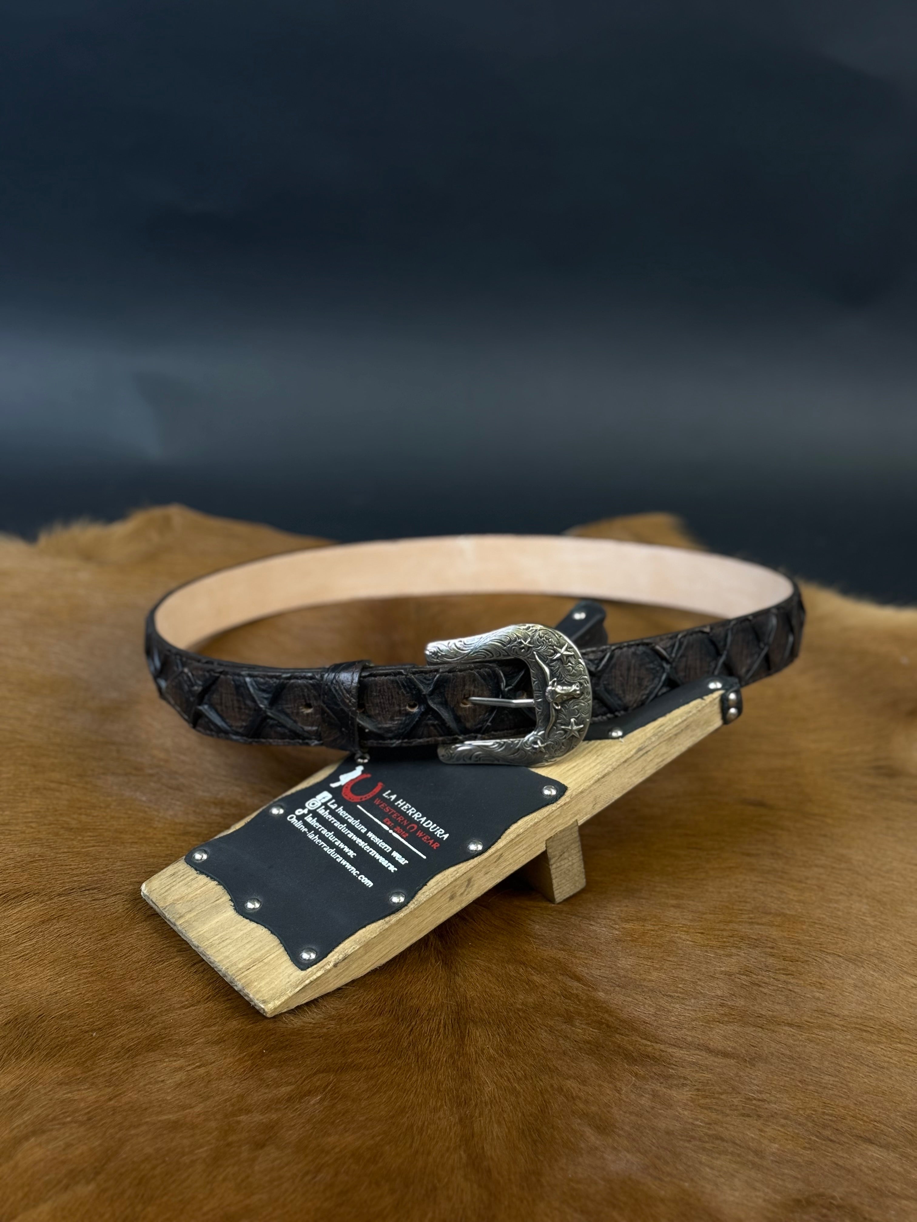 CINTURÓN ROCKEM IMIT FISH SKIN BLACK/BROWN BRILLOSO