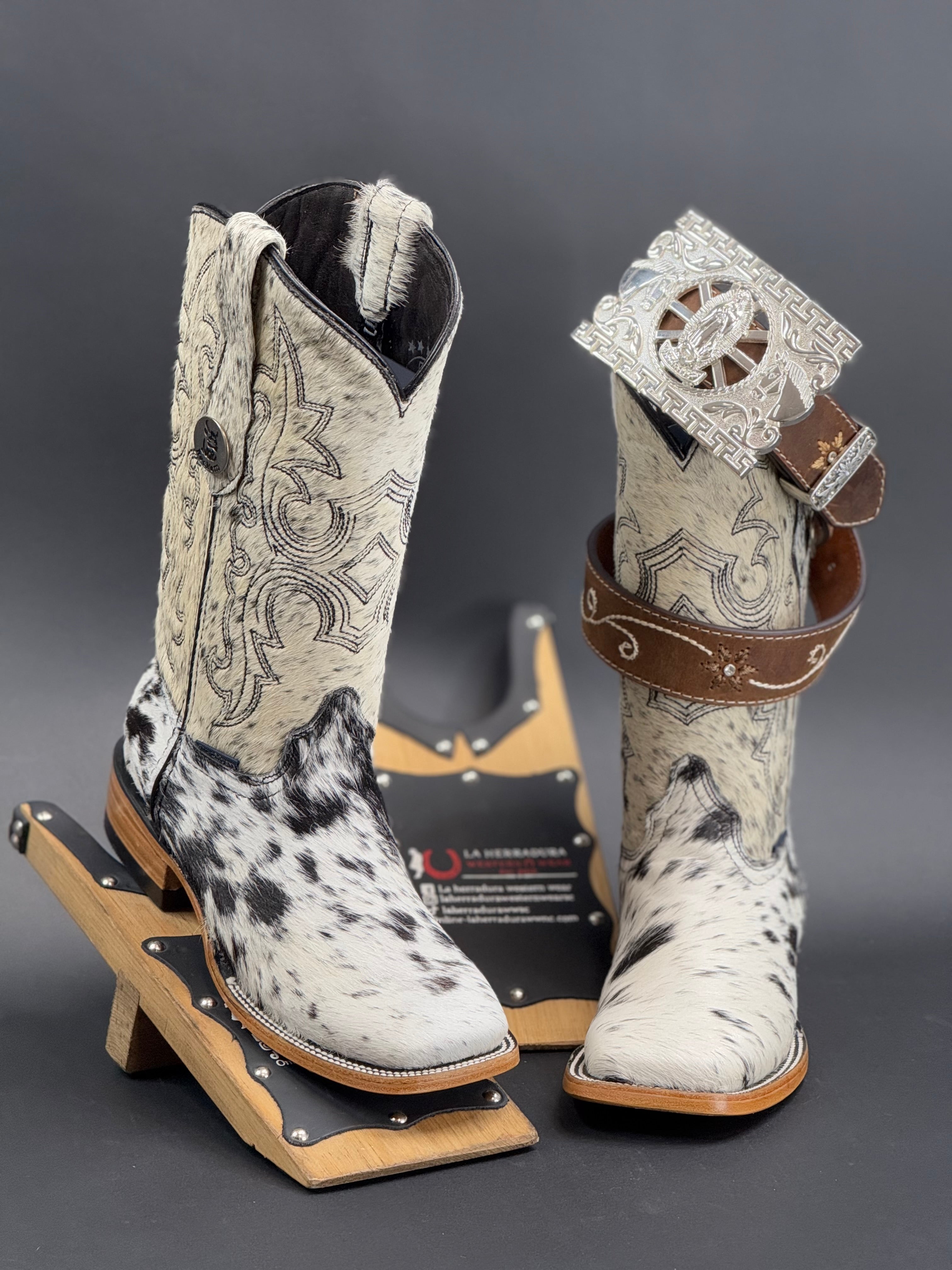 WOMENS KATHERINE BLACK & WHITE COWHIDE TOP BOOT (EVERY PAIR IS UNIQUE)