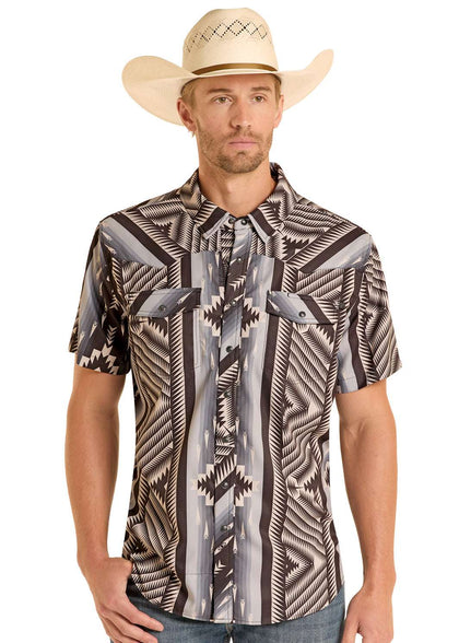 CAMISA ROCK&ROLL DE MANGA CORTA PARA HOMBRE TEJIDO ANTIDESGARRO ESTAMPADO AZTECA NEGRO -BMN3S08681