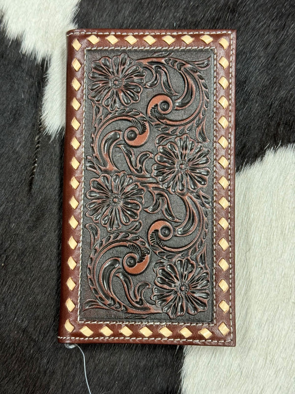 ARIAT RODEO WALLET CHECKBOOK COVER BROWN HAND TOOLED