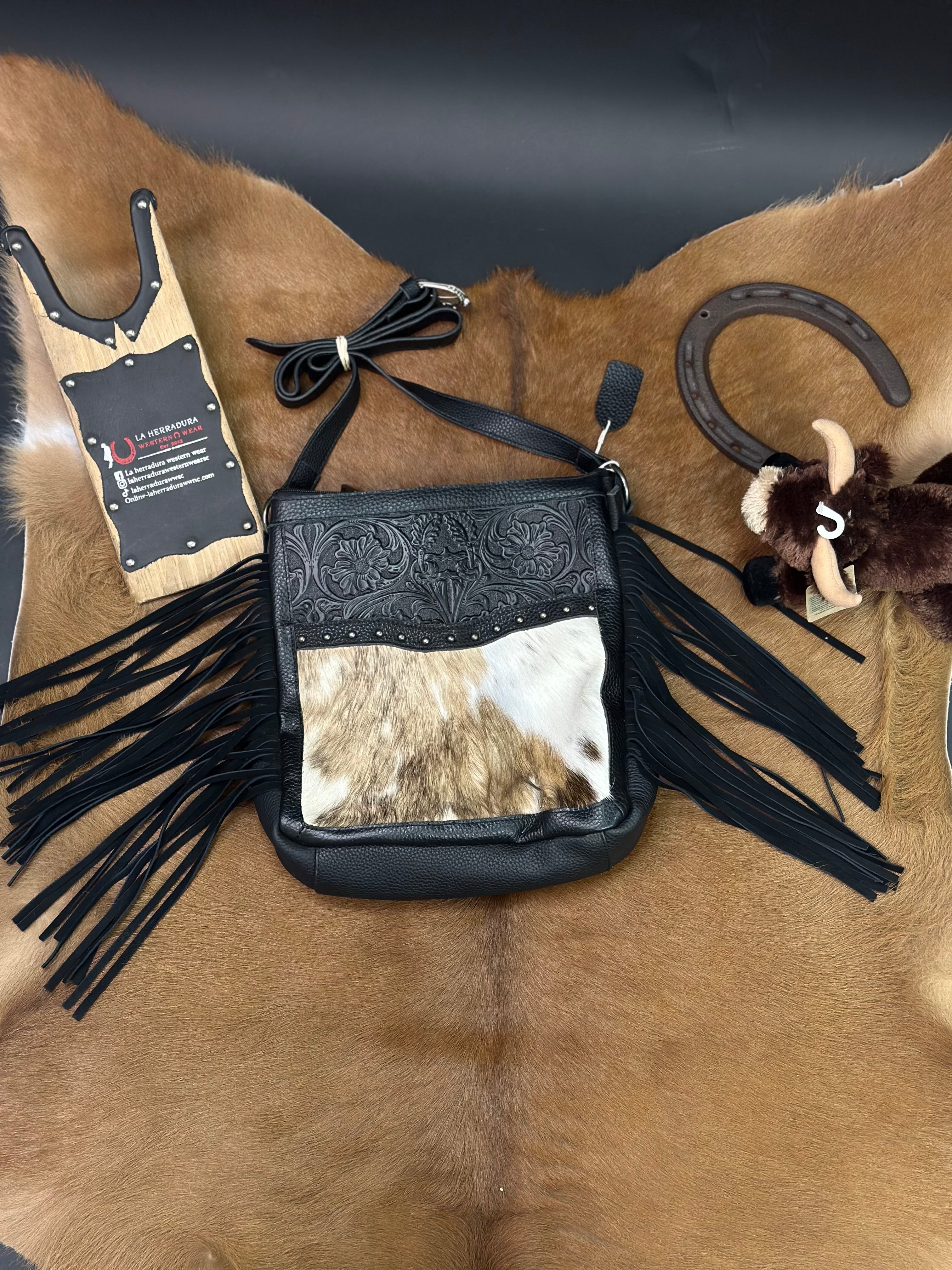 CROSSBODY BAG BLACK HAND TOOLED BLACK & WHITE COWHIDE FRINGE