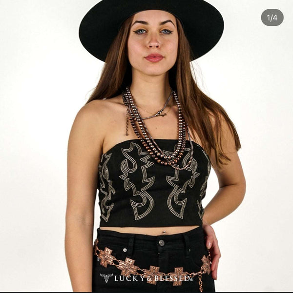 Top negro Lucky & Blessed con estampado beige TO655