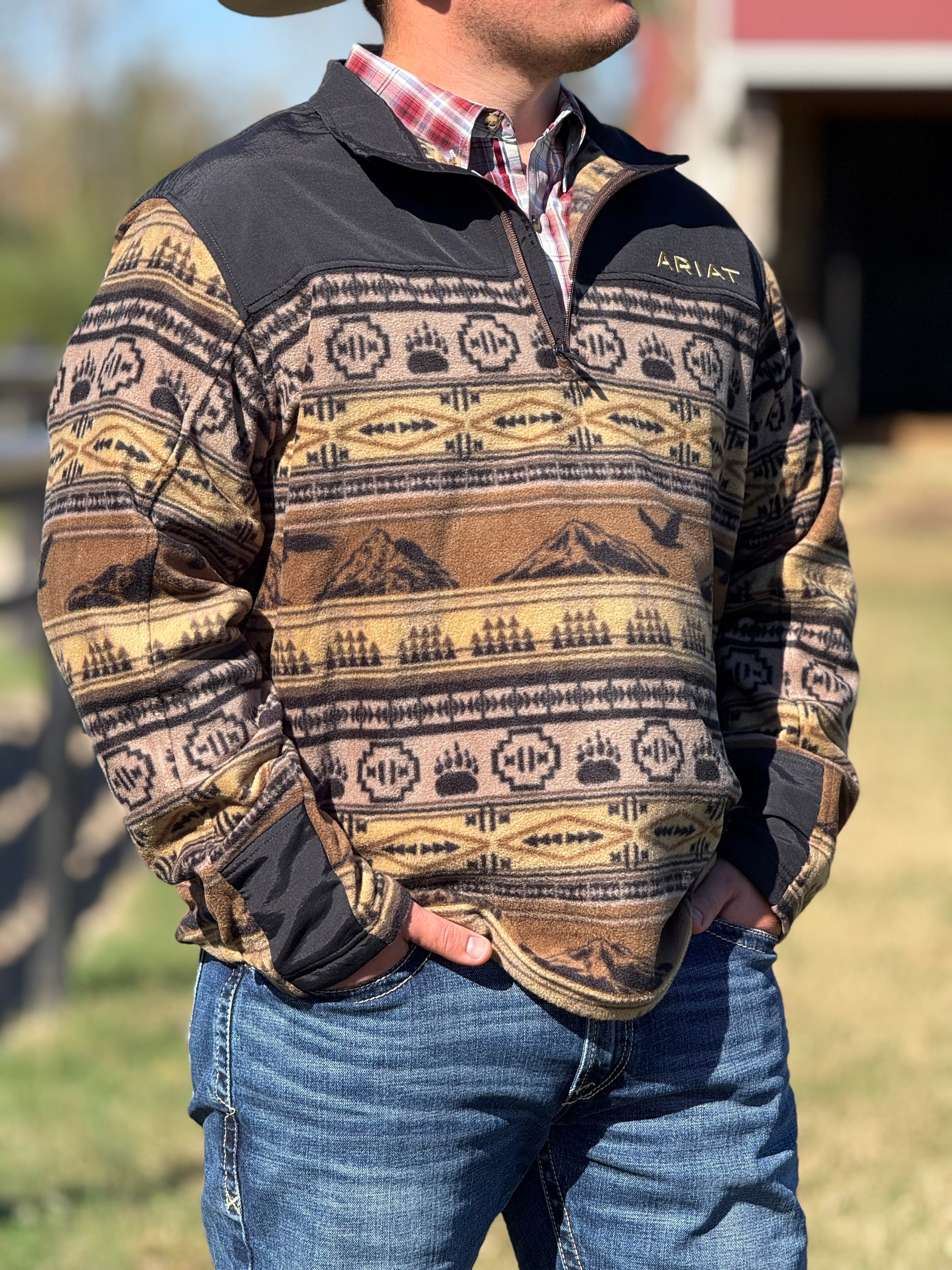 ARIAT BROWN SCENIC SERAPE BASIS 2.0 1/4 ZIP SWEATSHIRT- 2732