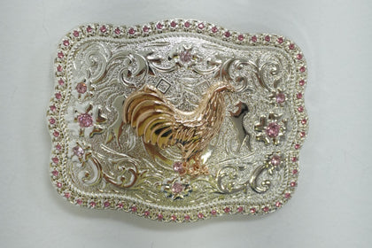 HEBILLA DE ESQUINA REDONDA GALLO DE PLATA Y ORO CON DIAMANTES ROSAS