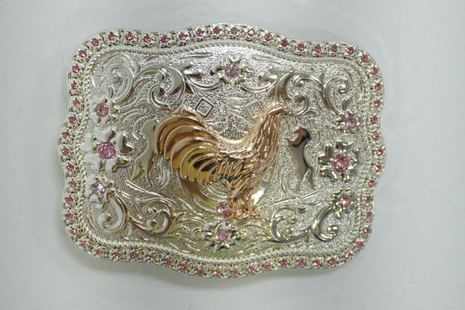 SILVER & GOLD ROOSTER WITH PINK DIAMONDS ROUND CORNER BUCKLE