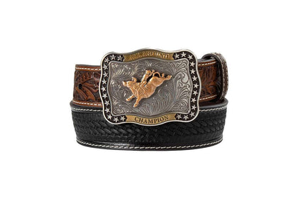 3D COMPANY BOYS BROWN AND BLACK LEATHER BELT WITH TROPHY BUCKLE- D1200050107