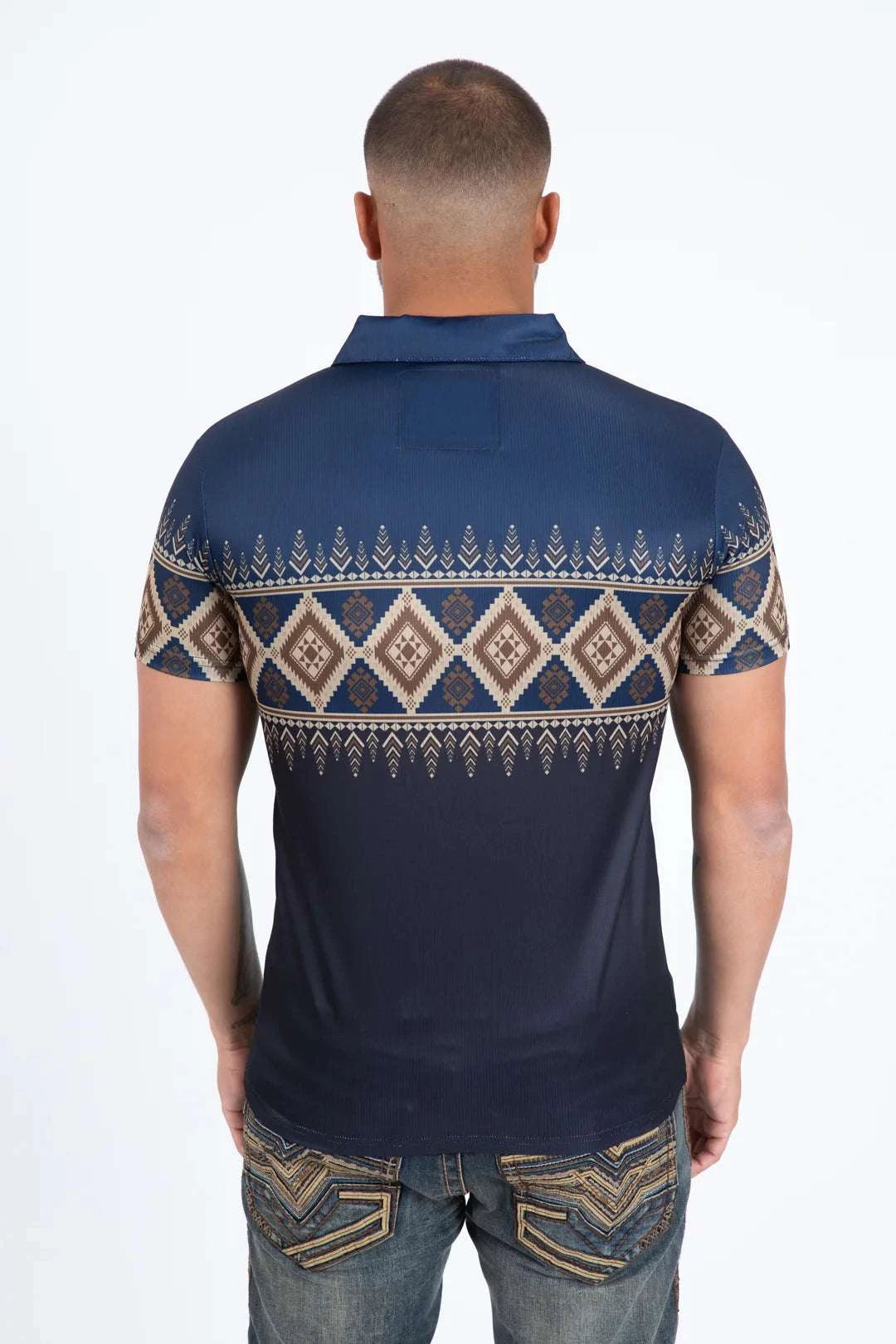 PLATINI MENS MODERN FIT STRETCH FOIL FASHION SHORT SLEEVE SHIRT AZTEC BLACK & BLUE PGP11447 Laherradurawwnc.com