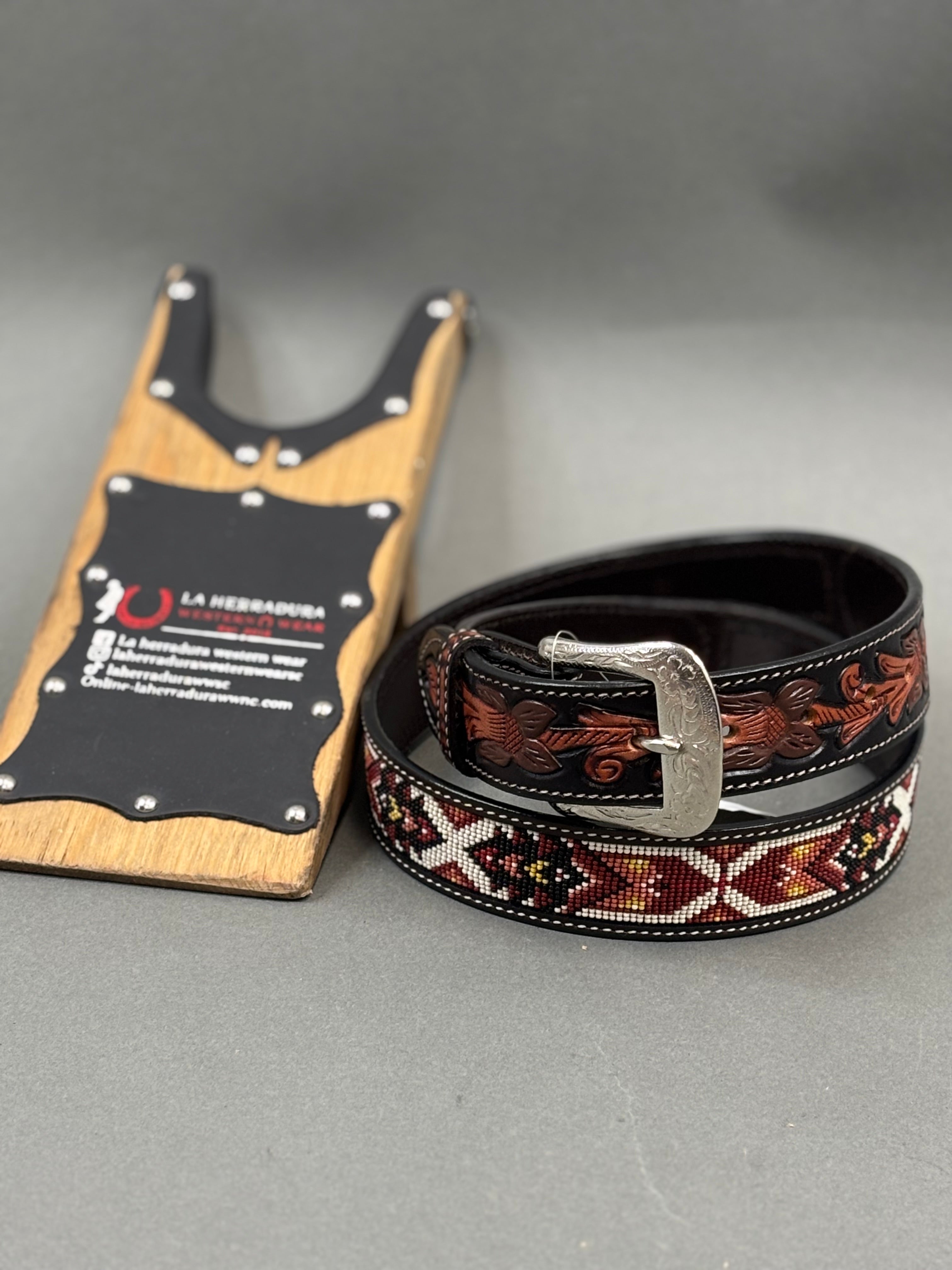 CINTURON RANGER BELT CO. PARA HOMBRE CAFE CINCELADO/AZTECA ROJO BLANCO