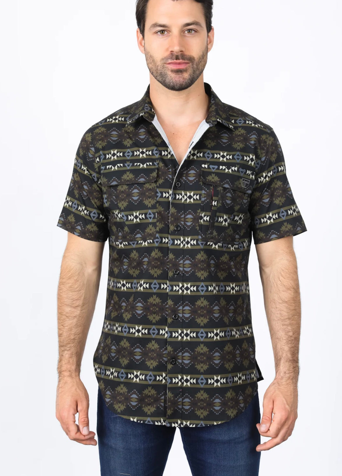 Platini Mens Performance Classic Fit Western Short Sleeve Aztec Print Black Shirt - 0472